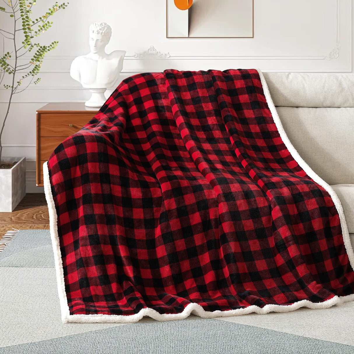 BEAUTEX Sherpa Fleece Flannel Blanket Twin Size, Super Soft Warm Buffalo Plaid Plush Microfiber Blankets, Cozy Fuzzy Christmas Blanket for Couch Sofa Bed (Red, 60" x 80")