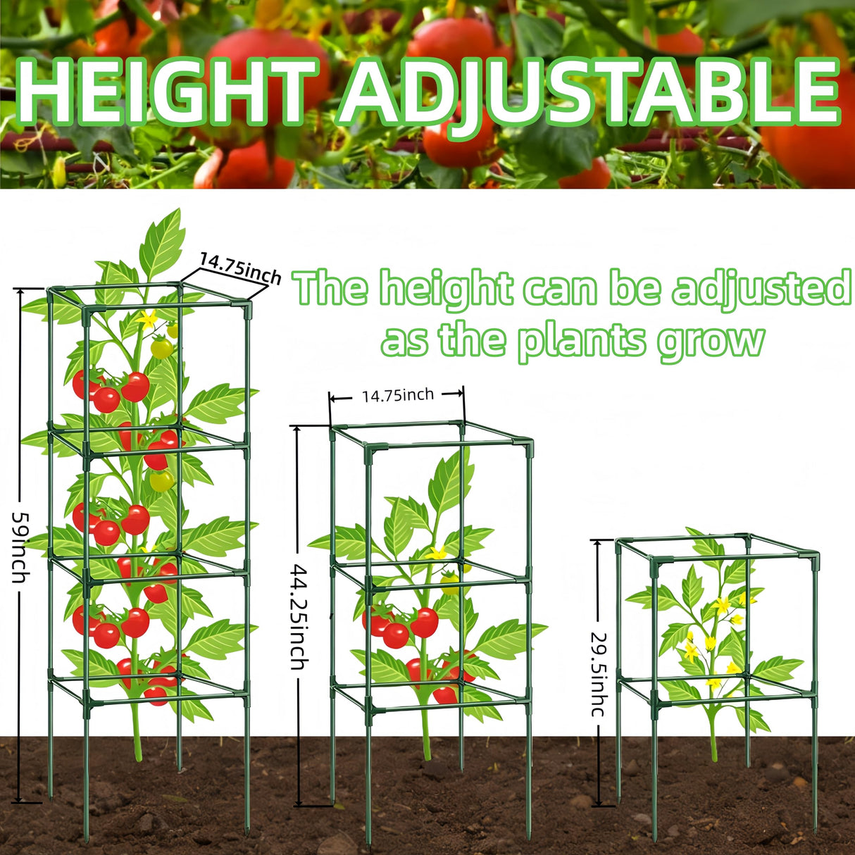 3 Pack Square Tomato Cages for Garden, 59 Inch Tall Heavy Duty Metal Tomato Plant Support Trellis, Adjustable Large Tomato Stakes for Outdoor Pots Climbing Plants, Vegetables, Cucumber