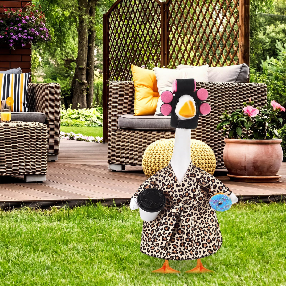 Shyyween Lady Porch Goose Outfit Leopard Print Bathrobe Goose Clothes with Curlers Coffee Cup for 23 Inch Cement/ Plastic Statue Outdoor Garden Yard Lawn Decoration