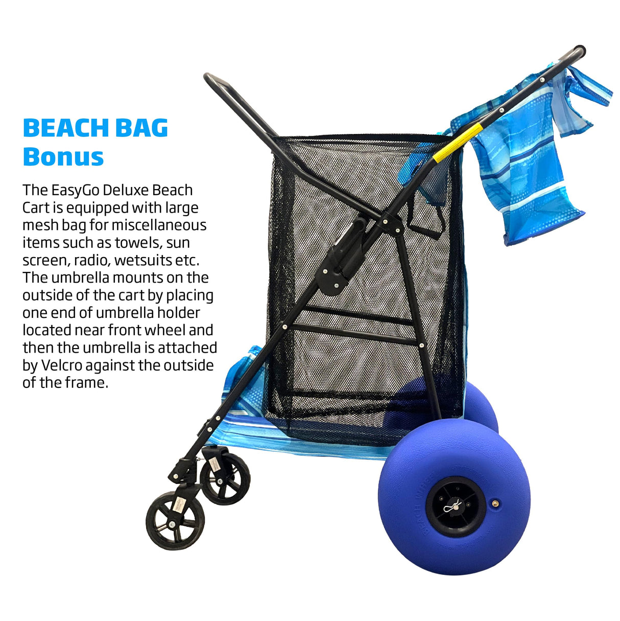 Beach Cart Balloon Wheel Deluxe Heavy Duty Folding Ocean Utility 13” x 7” Sand Wheels Holds 4 Folding Chairs Umbrella Holder Removable Beach Bag Blue Striped Pattern