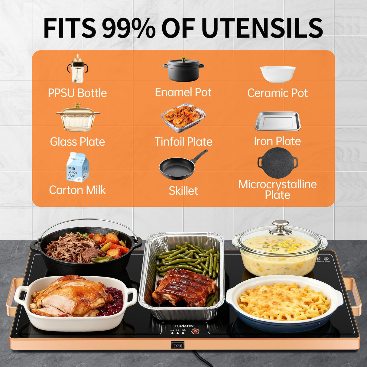 Food Warming Mat (XL 24"x16"), Food Warmers for Parties Buffet and Daily Use, Full Surface Warm Evenly Electric Warming Tray with Button Temperature Control, Gold Handles Warming Mat for Food, Black