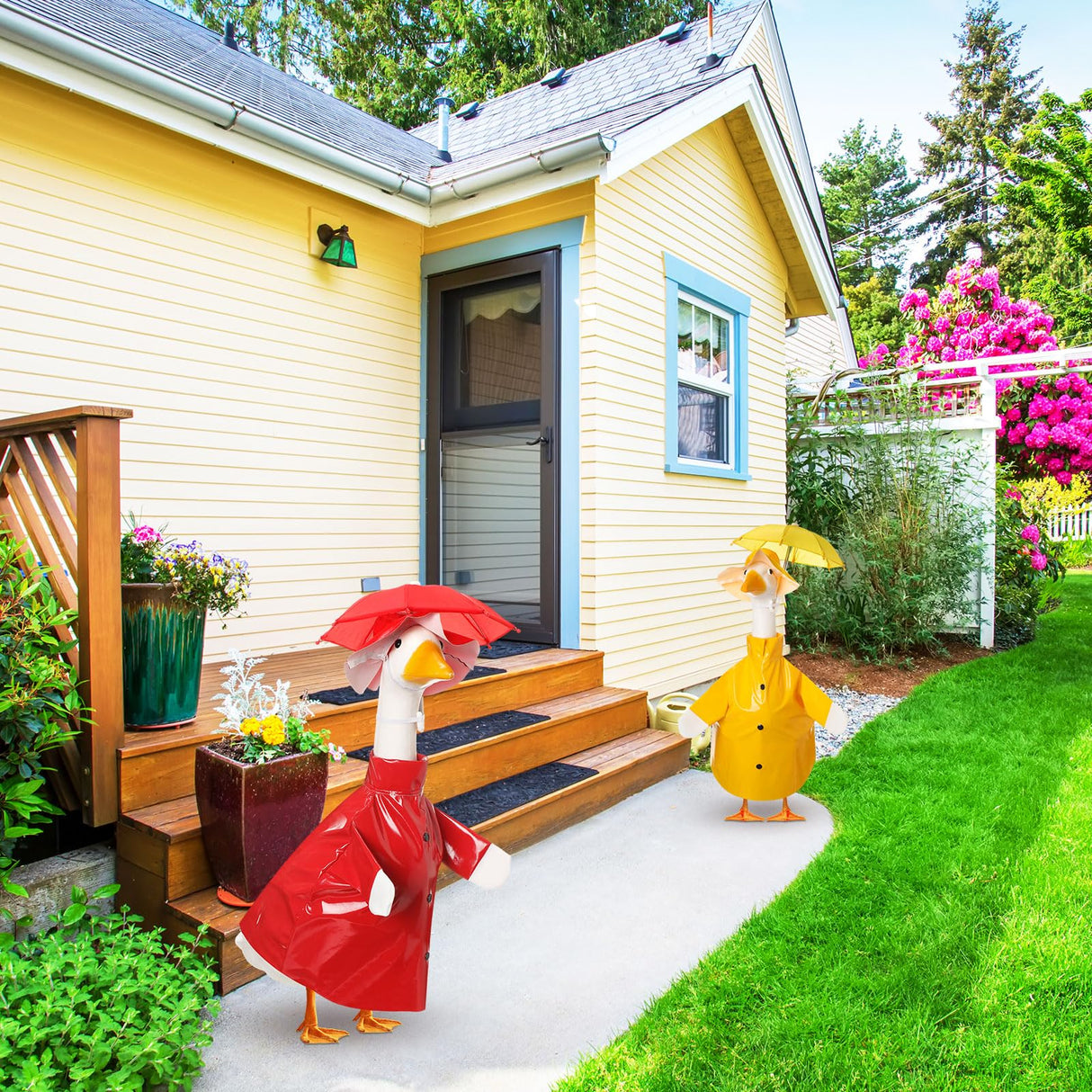 Yeyeplum 2 Set Porch Goose Outfit Raincoat and Umbrella Summer Lawn Porch Goose Cloth Costume Raincoat Outfits for Summer Outdoor Patio Yard Lawn Decoration(Red and Yellow,23 Inches,Classic Style)