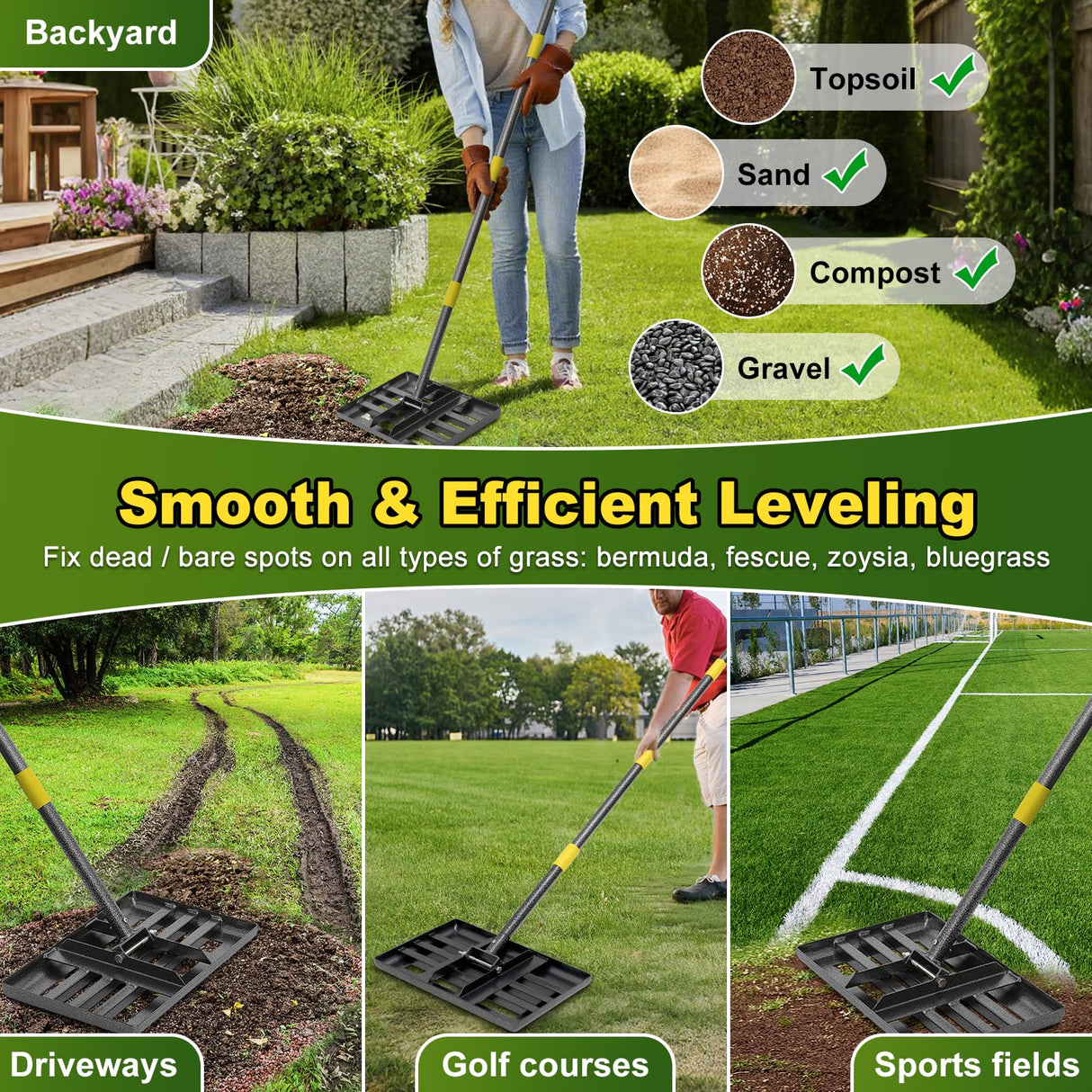 Lawn Leveling Rake, Heavy Duty 17" x 10" Stainless Steel Lawn Leveler for Soil Dirt Leveling Spreading,72" Adjustable Long Handle,Golf Field,Lawn,Tight Spot Landscaping Tool,Ground Leveler for Yard