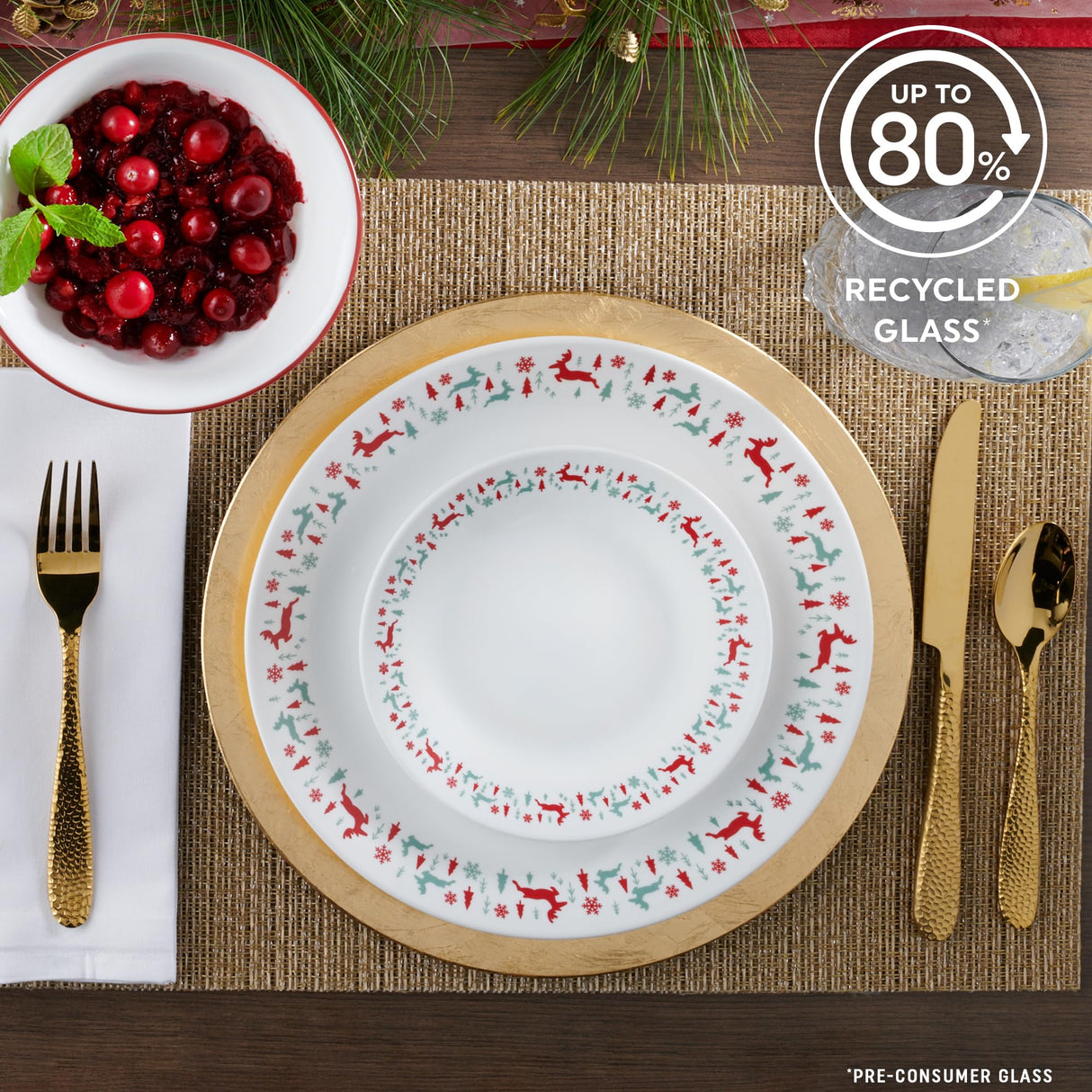 Corelle Vitrelle 18-Piece Christmas Service for 6 Dinnerware Set, Triple Layer Glass and Chip Resistant, Lightweight Round Holiday Plates and Bowls Set, Be Merry