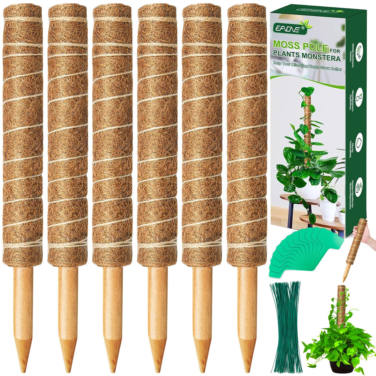 EAONE 96'' Moss Pole for Plants Indoor, 6 Pack 16” Monstera Plant Support Moss Stick for Climbing Plants, Stackable Coir Totem Pole Monstera Stakes with 12 Plant Labels & 100 Ties for Potted Plants