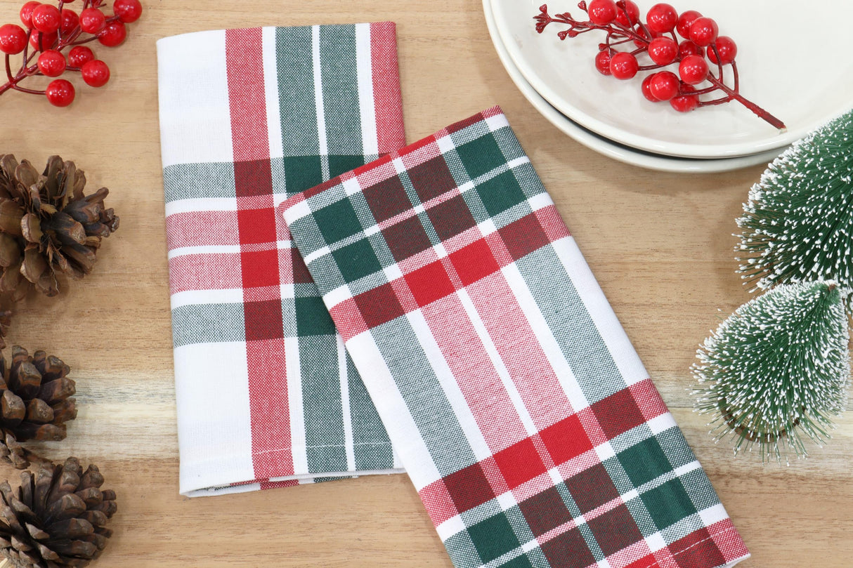 PurpleEssences Homestead Plaid Set of 12 Cloth Dinner Napkins 100% Cotton 18x18 - Soft Durable Washable - Ideal for Farmhouse Party Wedding Christmas - Red Green and White