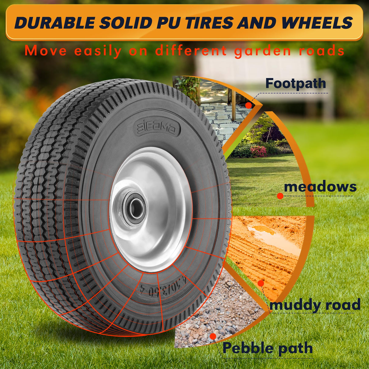 BIEAMA 2 Pack 10" Solid Rubber 4.10/3.50-4 Flat Free Tire, Raised Tread