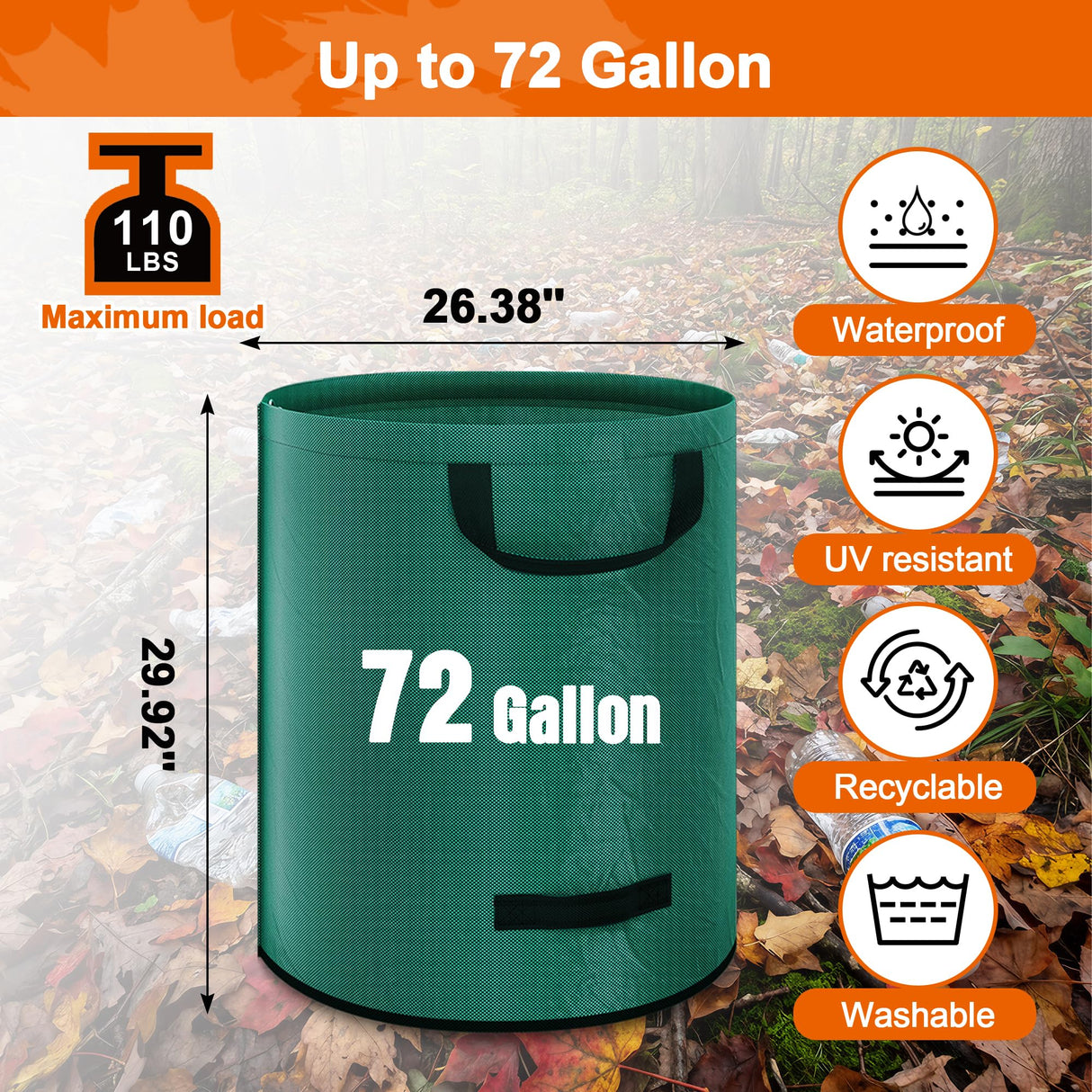 Kendo 72 Gallon Reusable Yard Bags, Heavy Duty 3 PCS Garden Leaf Bags with 4 Reinforced Handles for Fall Leaf Cleanup Grass Clippings Camping Trash