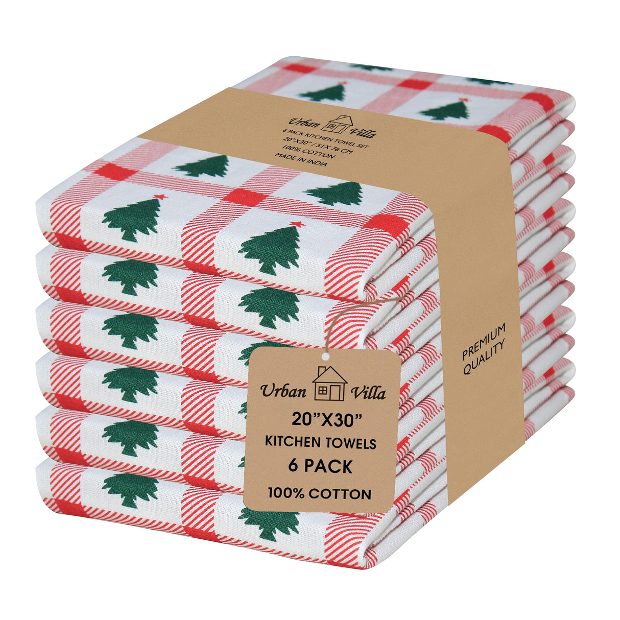 Urban Villa Christmas Kitchen Towels Christmas Tree Print Premium Quality 100% Cotton Dish Towels Mitered Corners Ultra Soft (Size: 20X30 Inches) Highly Absorbent Bar Towels & Tea Towels - (Set of 6)