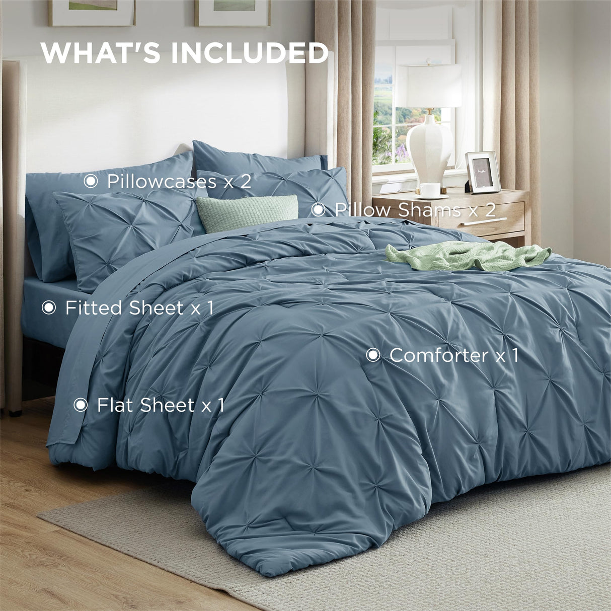 Bedsure Queen Comforter Set Mineral Blue - Bed in a Bag Queen 7 Pieces, Pintuck Bedding Sets Gift for Christmas, Pinch Pleat Bed Set with Queen Size Comforter, Sheets, Pillowcases & Shams
