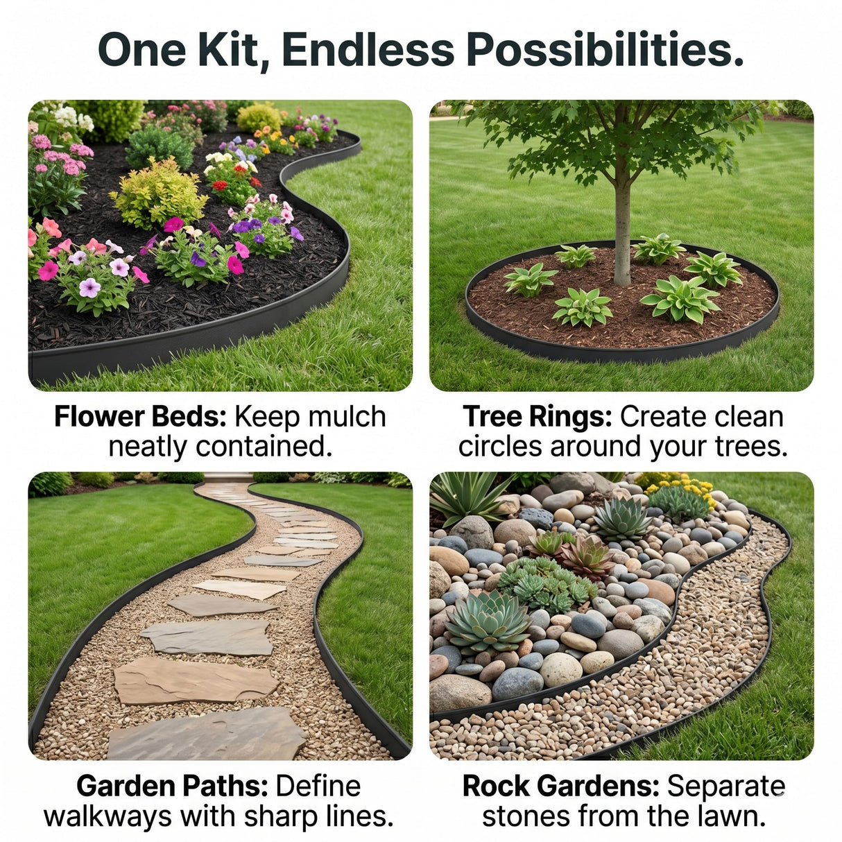 Garden Edging Border/Landscape Edging,100FT 2 Inch Tall Plastic Flexible Lawn Border with 150 Stakes,No Dig Garden Edging Kit for Landscaping,Garden Bed,Yard,Flower Bed,Pathway