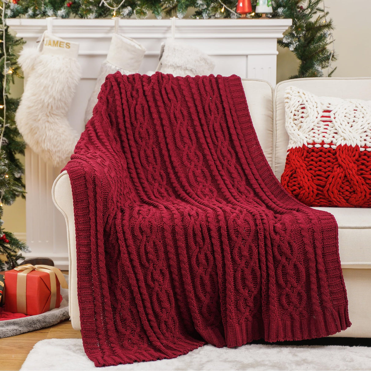 Battilo Christmas Dark Red Throw Blanket for Couch, Bed, Sofa, 51"x67", Woven Chenille Knit Throw Blankets, Gift Blanket, Cozy Warm Decorative Textured Throw Blanket for Living Room