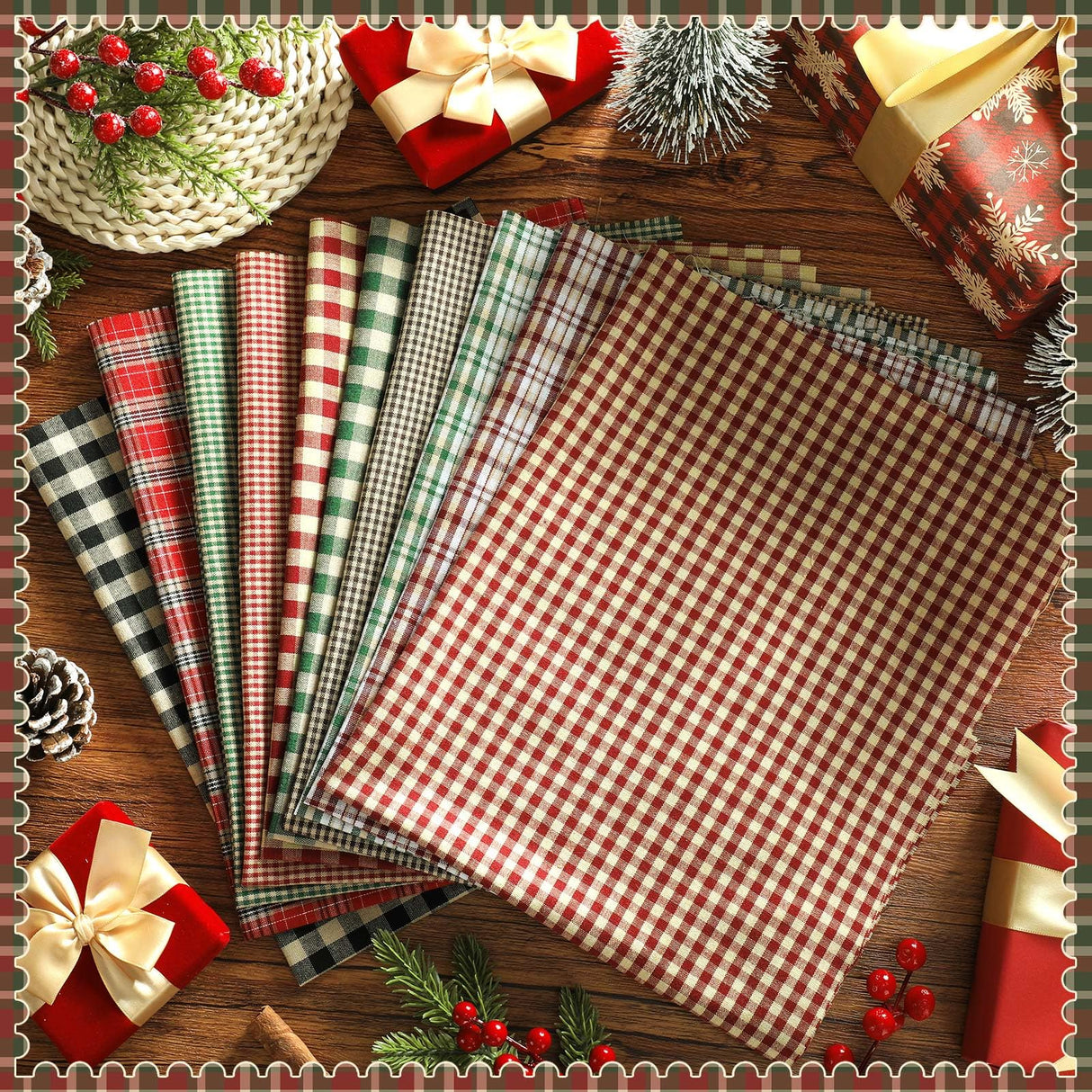 Hahafelt 10 Pcs Christmas Fabric Bundles Vintage 20 x 20 Inch Christmas Plaid Stripe Fat Quarters Holiday Squares Sewing Fabrics Precut Quilting Patchwork for Xmas DIY Handmade Crafting