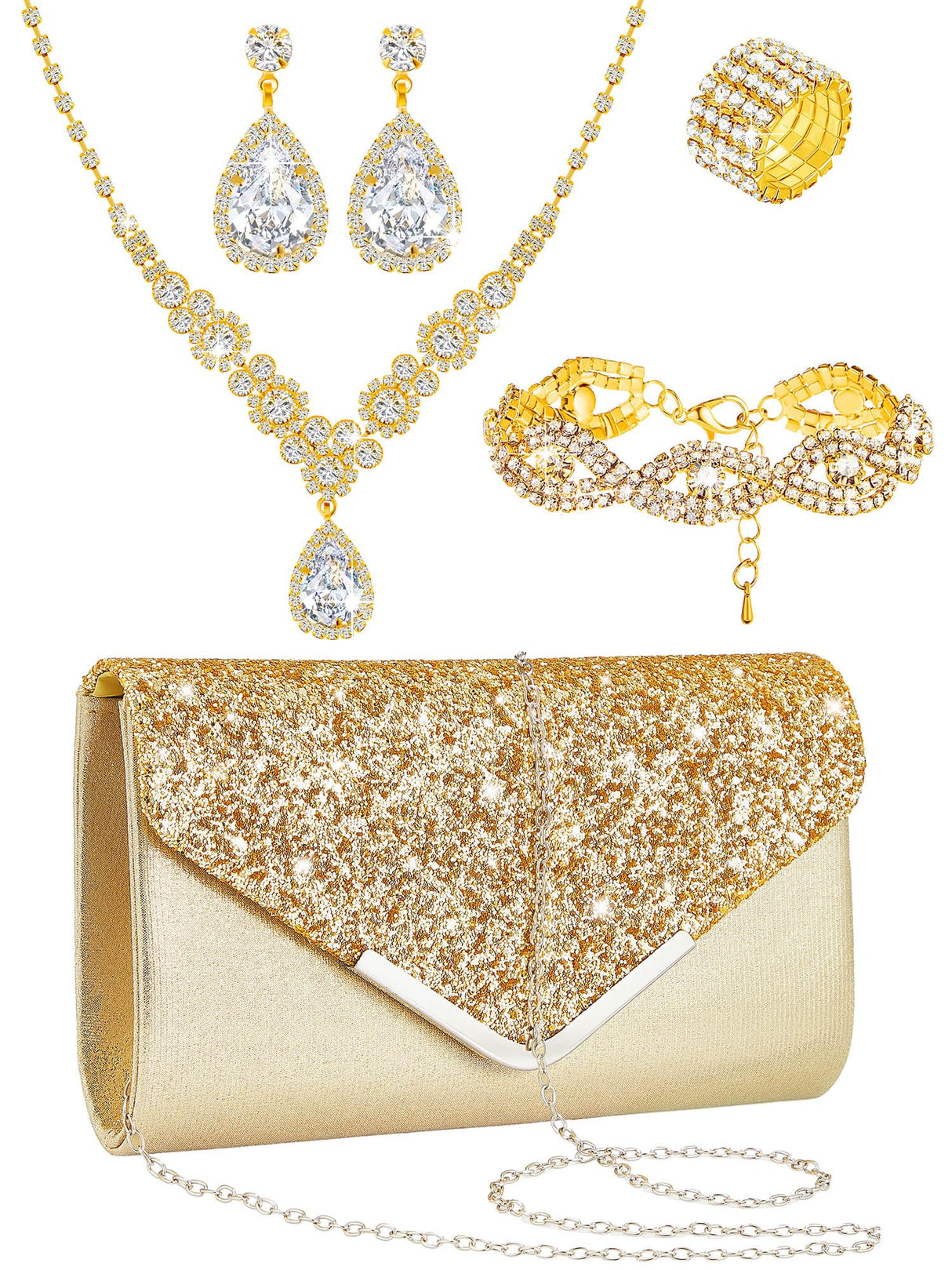 Henoyso 5 Pcs Rhinestone Jewelry Sets Prom Purse for Women, Gold