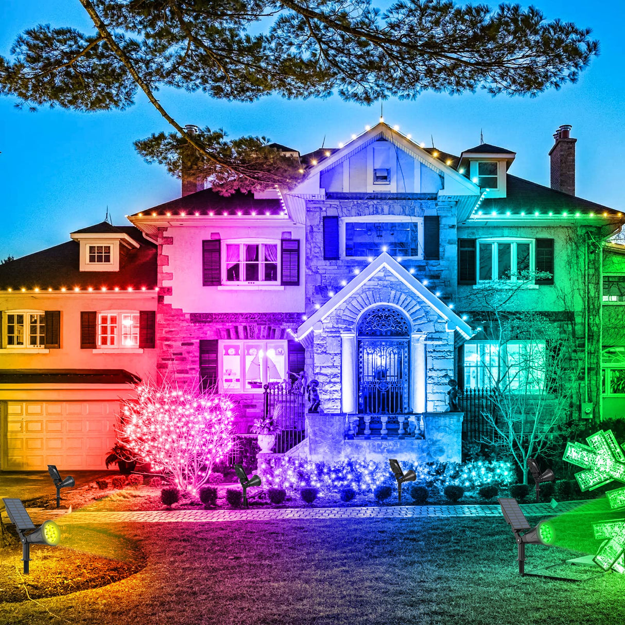 T-SUN Solar Spotlights for Outsides, Christmas Solar Lights Outdoor Waterproof, Color Changing Solar Landscape Spotlights, Auto ON/Off Solar Garden Pond Light for Yard, Trees, Driveway, Patio(4 Pack)