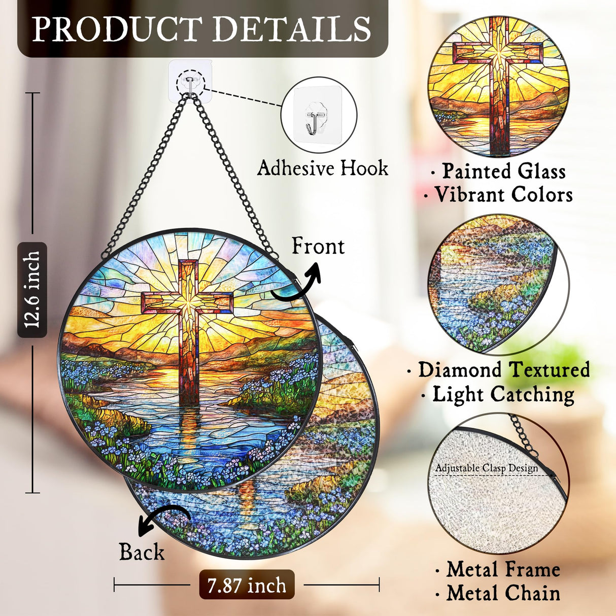WUHSDIBC Cross Forget Me Not Stained Glass Window Hanging Suncatcher, Christian Flower Sunset Sun Catcher Indoor Window Decor Gifts, Religious Painted Glass Round Wall Hanging Decorations 7.8x7.8 in