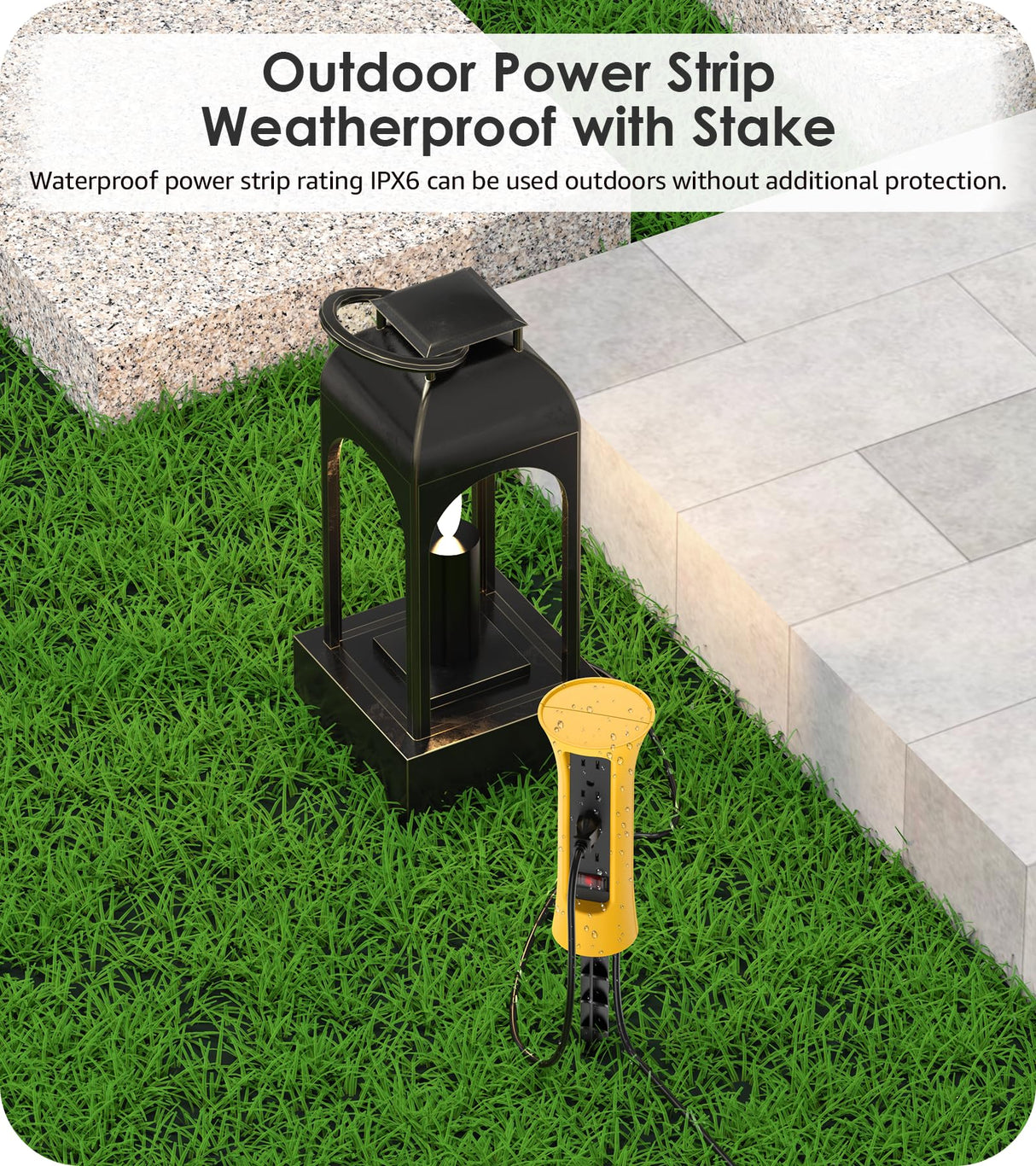 CCCEI Outdoor Power Strip Weatherproof with Stake, Waterproof Extension Cord with Multiple Outlets, Christmas Exterior Garden Decor, Yard, Camping, 4 Plugs, Surge Protector 6FT, Yellow.