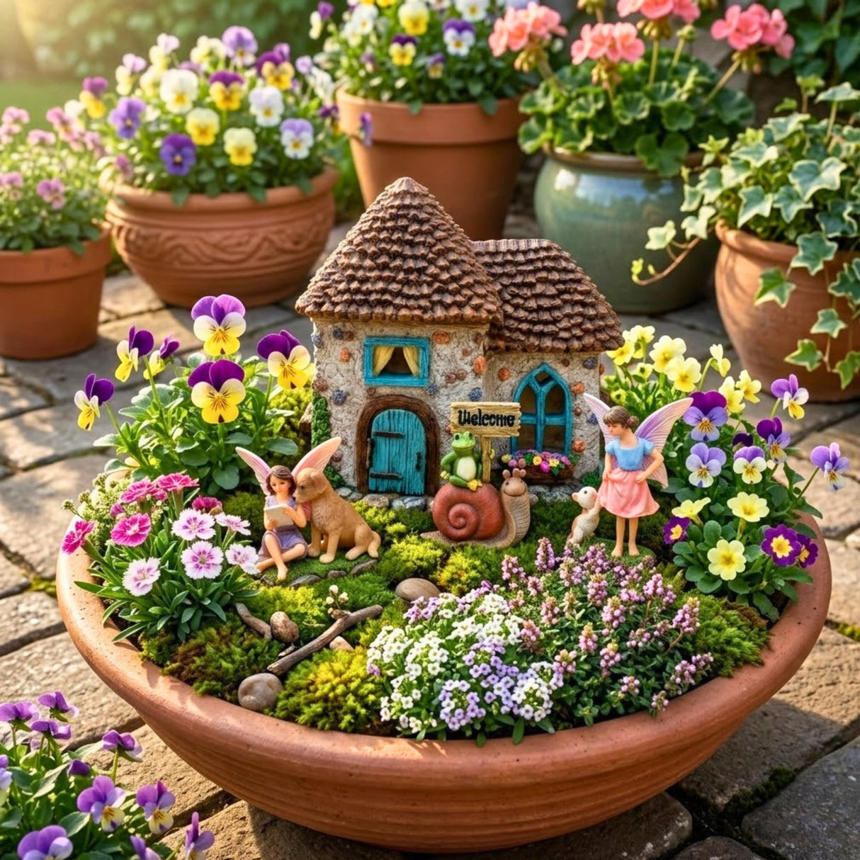 PRETMANNS Fairy House Kit - Fairy Garden Accessories for Outdoor Miniature Village Decor, with Fairies & Sign - Pinecone House, 6.5' High & Door can Open Wide - 4 Piece Supplies