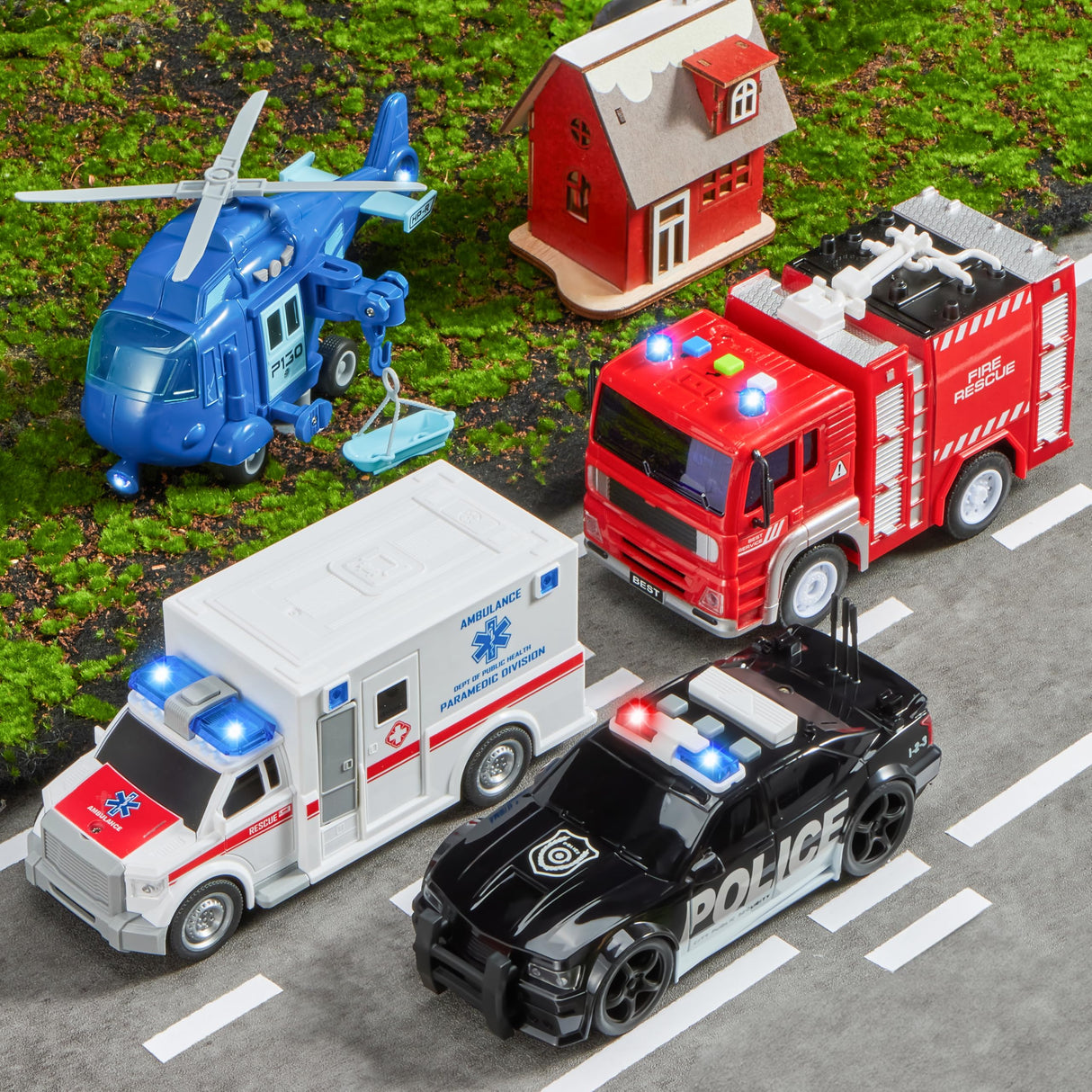 JOYIN 4 Packs Emergency Vehicle Toy Playsets, Friction Powered Vehicles with Light and Sound, Including Fire Truck, Ambulance, Play Police Car and Helicopter, Christmas Toddler Kids Boys Gifts