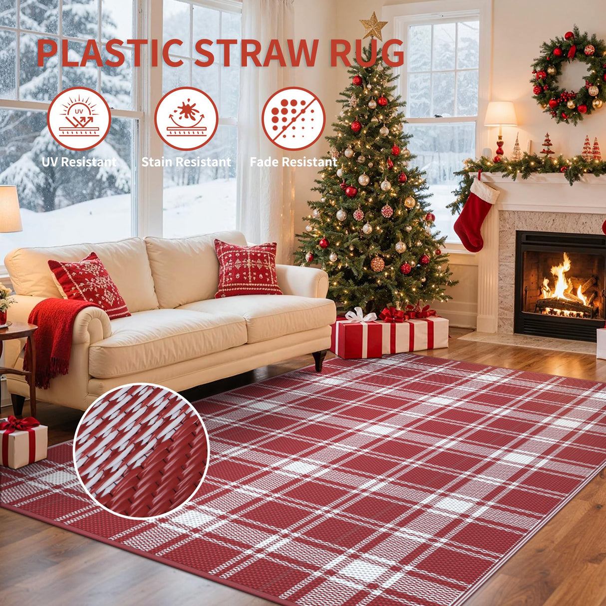 GENIMO Christmas Outdoor Rug for Patio, 5'x8' Waterproof Reversible Plastic Straw Rugs, Lightweight RV Camping Mat for Camper, Balcony, Deck, Backyard, Picnic, Red & White