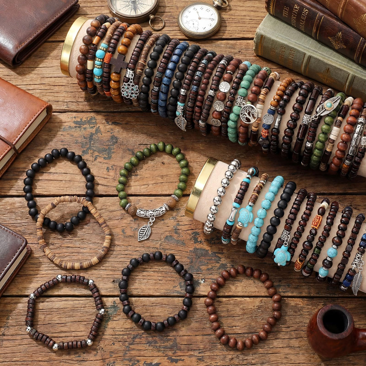Tondiamo 48 Pcs Punk Wooden Beads Bracelets Gothic Bracelet for Men