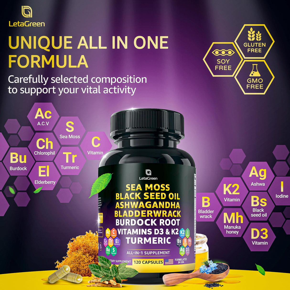 LetaGreen Sea Moss Black Seed Oil Ashwagandha Bladderwrack Burdock Turmeric & Vitamin C, D3, K2 with ACV Elderberry Manuka Honey Dandelion Yellow Dock Iodine Chlorophyll 240 Count