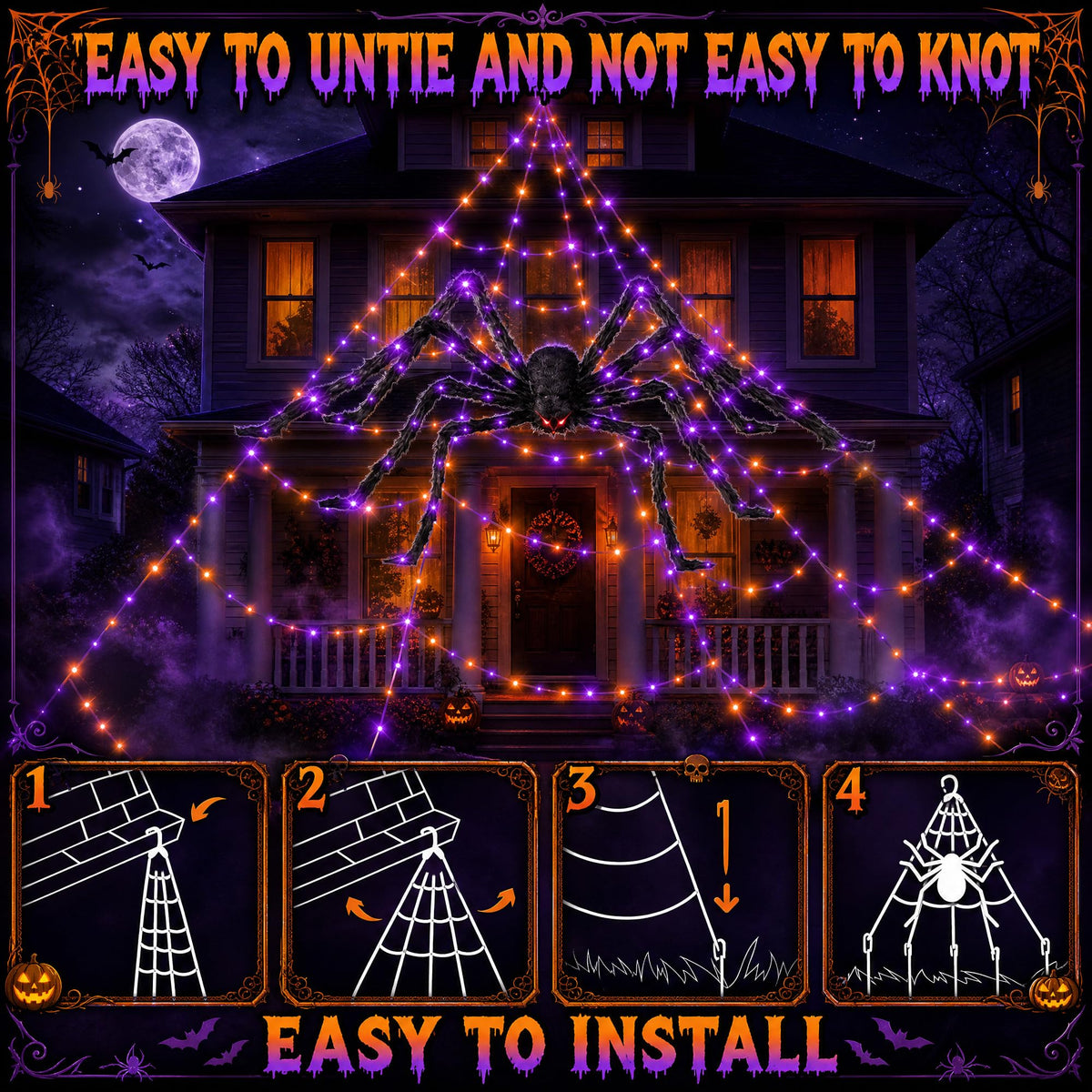 Halloween Decorations Outdoor Spider Web Lights - 550 LEDs Purple and Orange Remote Control Timer Plug in Giant Halloween Decor Cobwebs - 11 Modes Lighting Waterproof Yard Garden Party Decorations