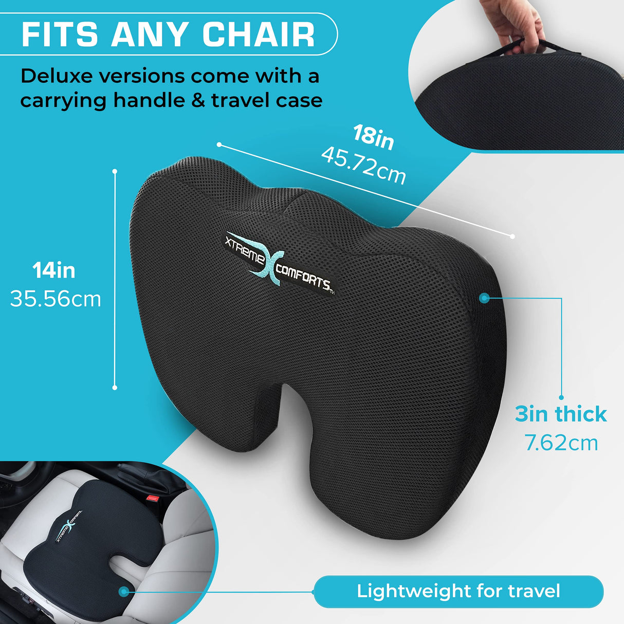 Xtreme Comforts Seat Cushion, Office Chair Cushions - Pack of 1 Padded Foam Cushion w/Handle for Desk, Wheelchair & Car Use - Back Support Pillow for Chair - Travel Bag Included
