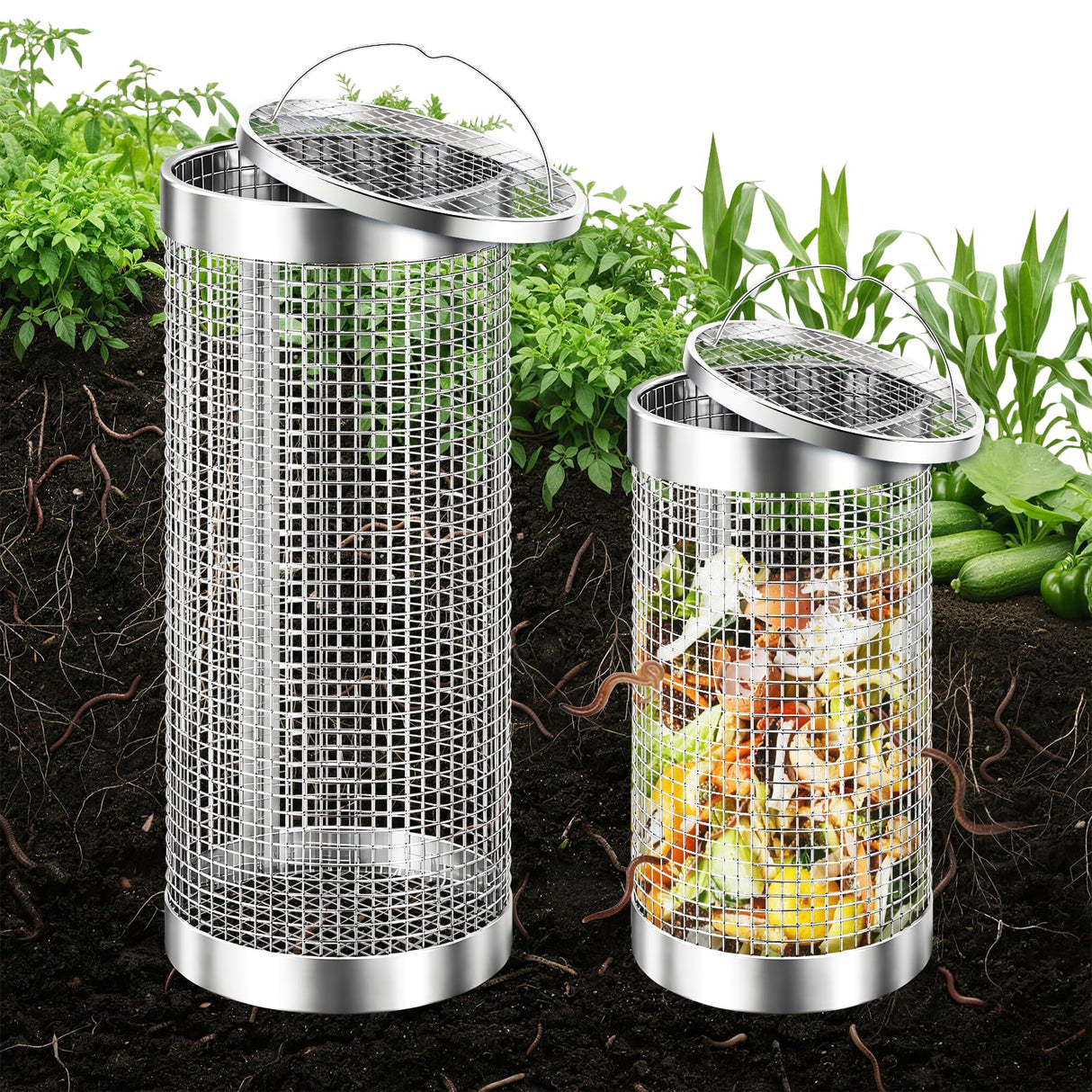 2 Pack Worm Composter Worm Bin, Stainless Steel Inground Compost Bin with Handle, Metal Worm Composting System for Kitchen Food Waste Recycling, Outdoor Garden Vermicomposting Bin w/Lid, Easy Install