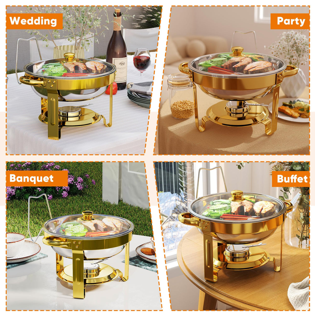 4 Pack Gold Round Chafing Dishes for Buffet, 5 QT Food Warmers and Cold Food Server for Parties, Events Hosting, Family Gatherings, Full Set Catering Supplies with Serving Utensils Accessories