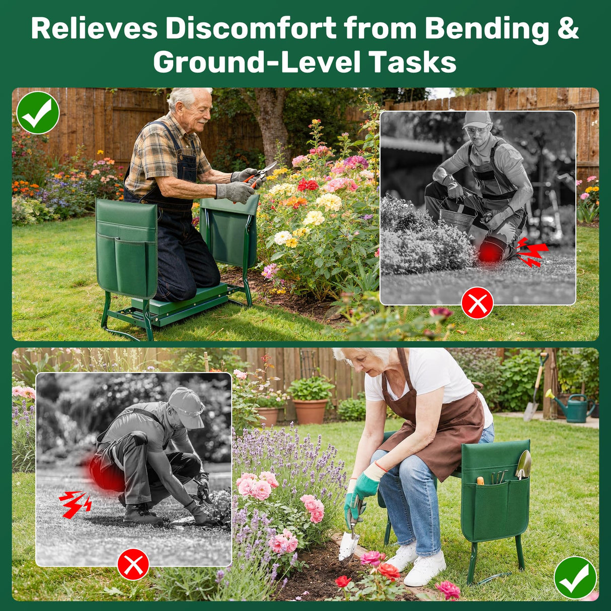 Zelurelle Garden Kneeler and Seat, 2-in-1 Gardening Kneeling Bench, Foldable Heavy Duty Garden Stool with Cushioned Pad, Gardening Gifts for Seniors Women -1PCS
