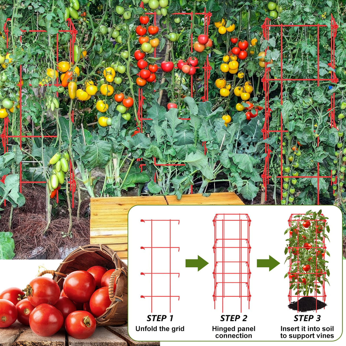 Colingmill 8 Pack Tomato Cages 39 Inch (H) Heavy Duty Square Tomato Cages Powder Coated Steel Plants Support Garden Trellis Stakes for Cucumber, Peas, Vegetables Climbing Plants