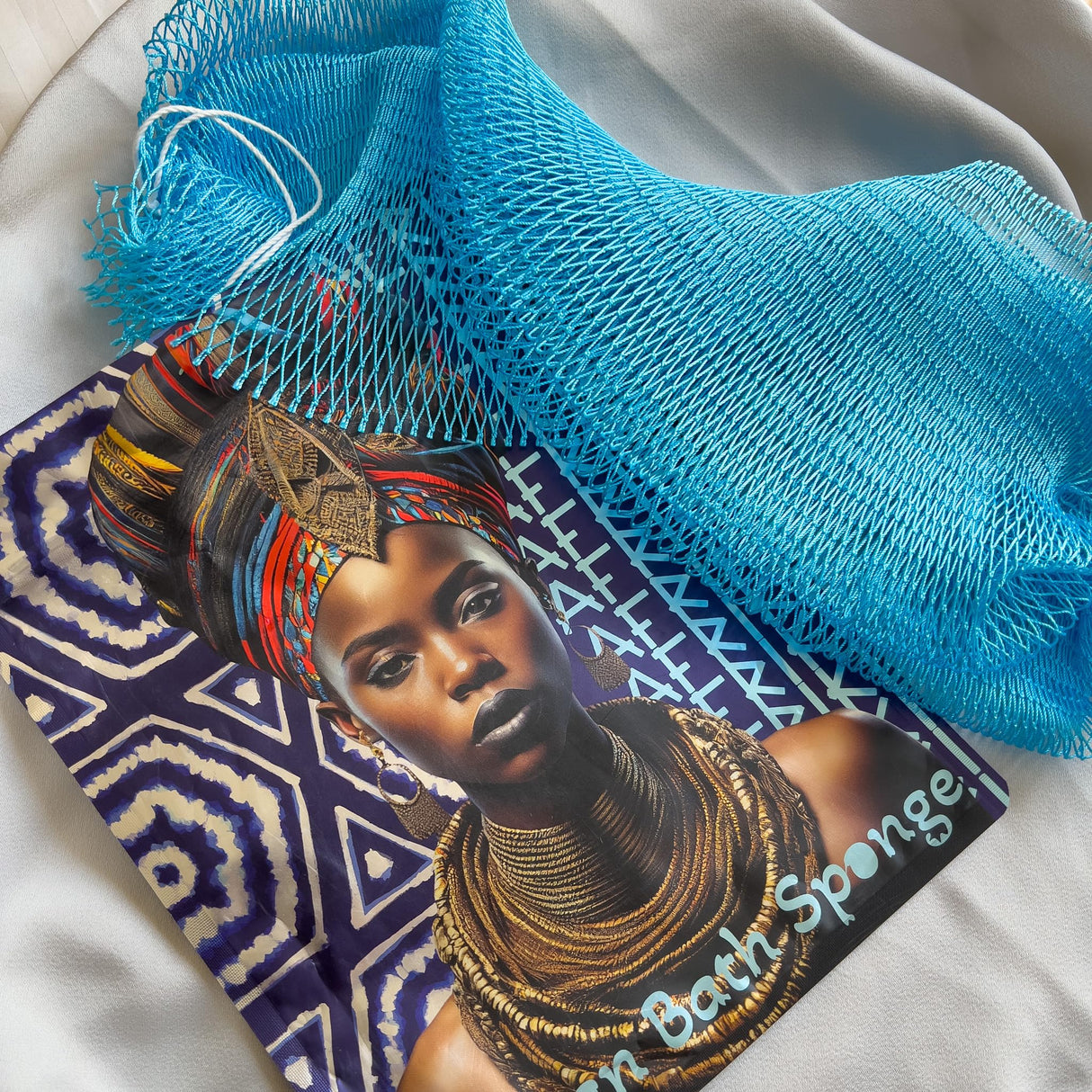 AFRIKI African Net Sponge, Authentic African Exfoliating Sponge, Black Owned, Back Scrubber, 45inch Long, for Normal to Sensitive Skin, for Daily use, Sky Collection