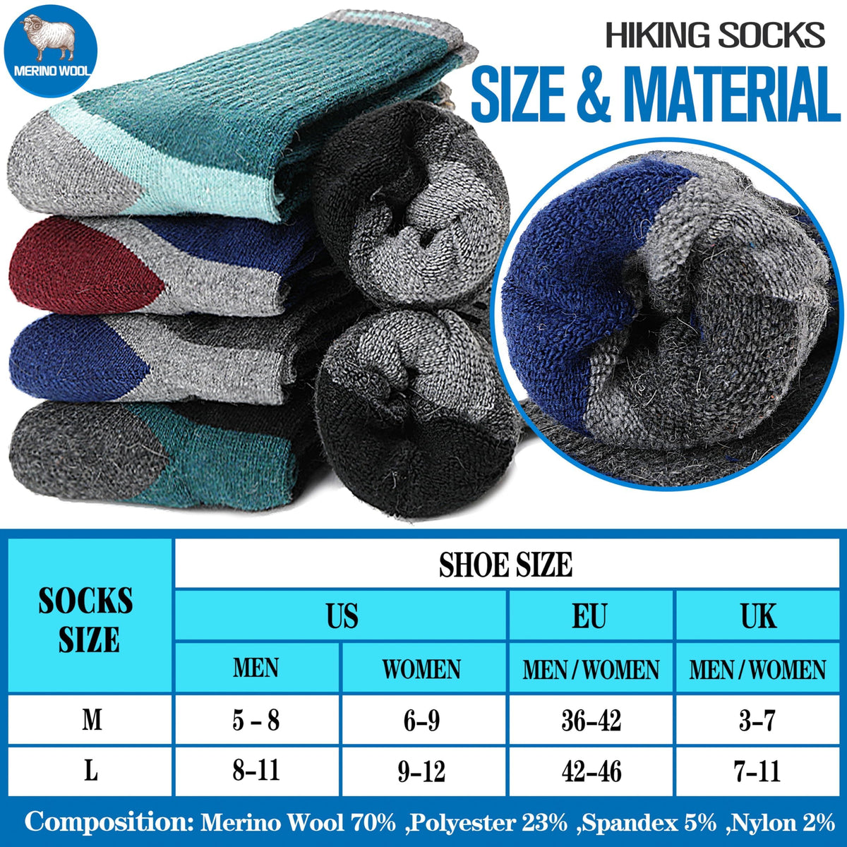 MOGGEI Merino Wool Hiking Socks for Men Warm Thermal Winter Cozy Work Crew Socks Gifts Stocking Stuffers 5 Pairs (Dark Pinstripes A,L)