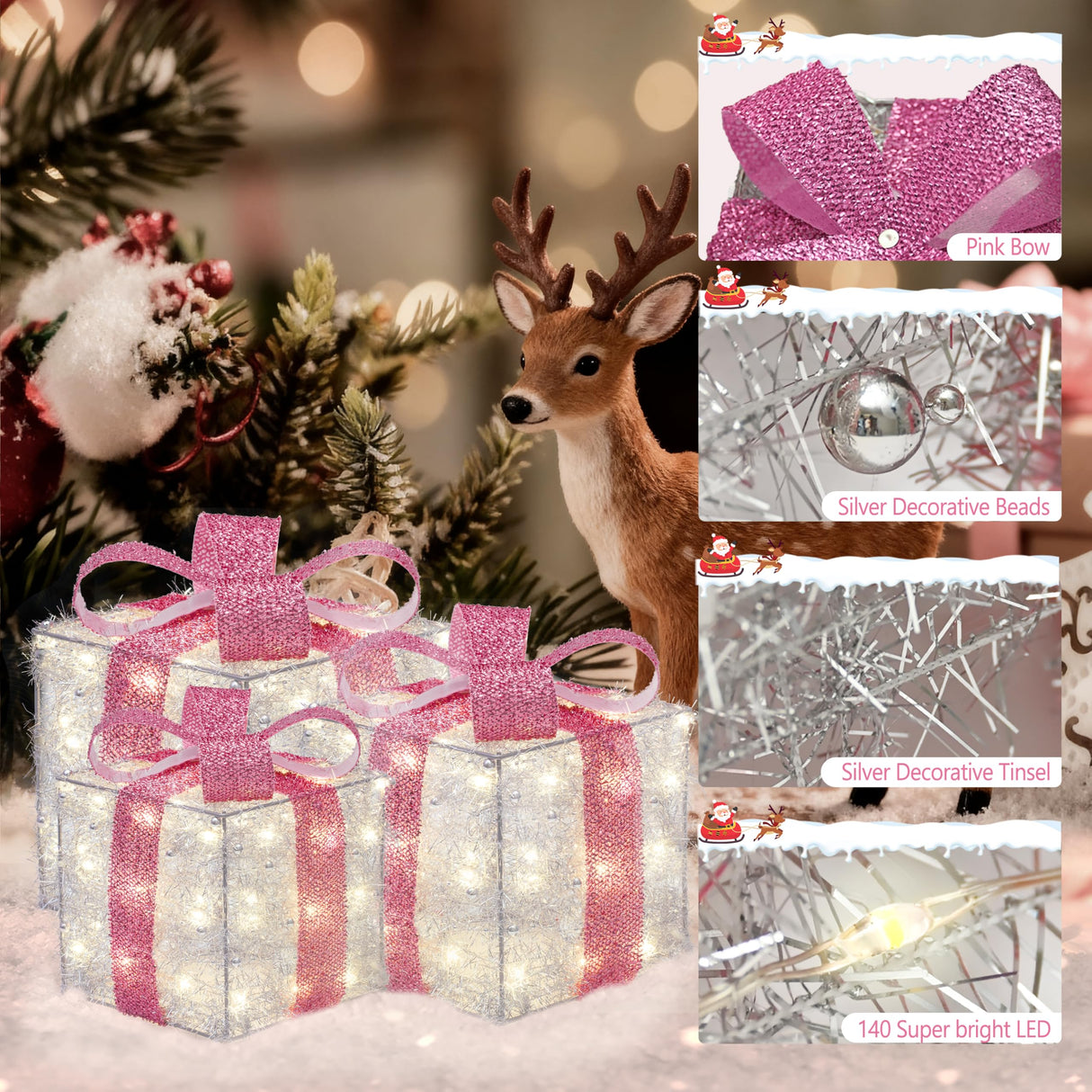 Christmas Decorations, 140 LEDs Set of 3 Lighted Gift Boxes with Silver Tinsel and Pink Bows, Warm White Present Boxes for Indoor Outdoor Holiday Party Yard Bedroom Home Xmas Decor