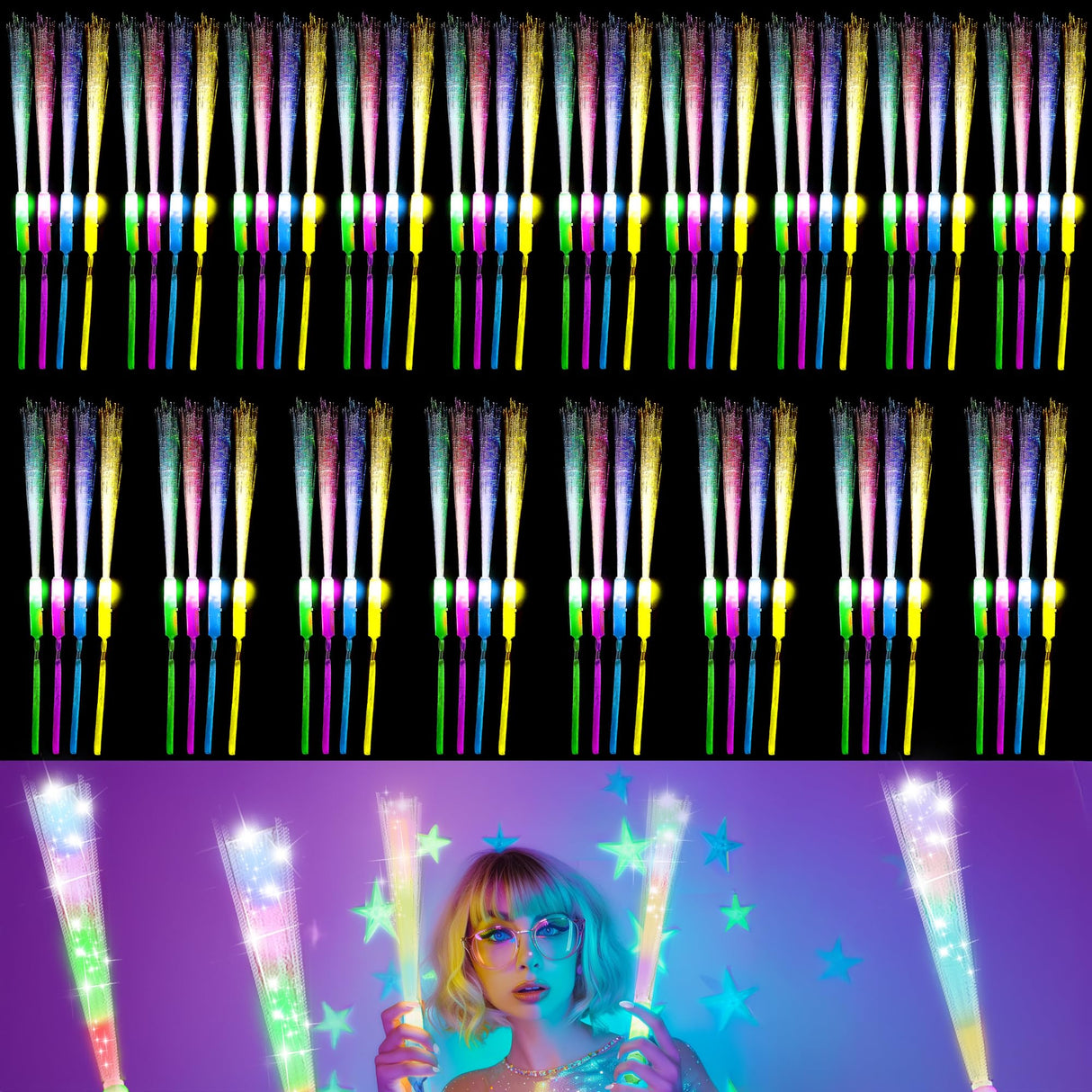 JSronms 48 Pcs Fiber Optic Wand,Glow Wands,Fiber Optic Light Wand,Light up Wands Bulk,LED Fiber Optic Wands,Glow Party Supplies for Wedding,neon Party,New Year Party Favors,Bar DJ,Halloween,Christmas