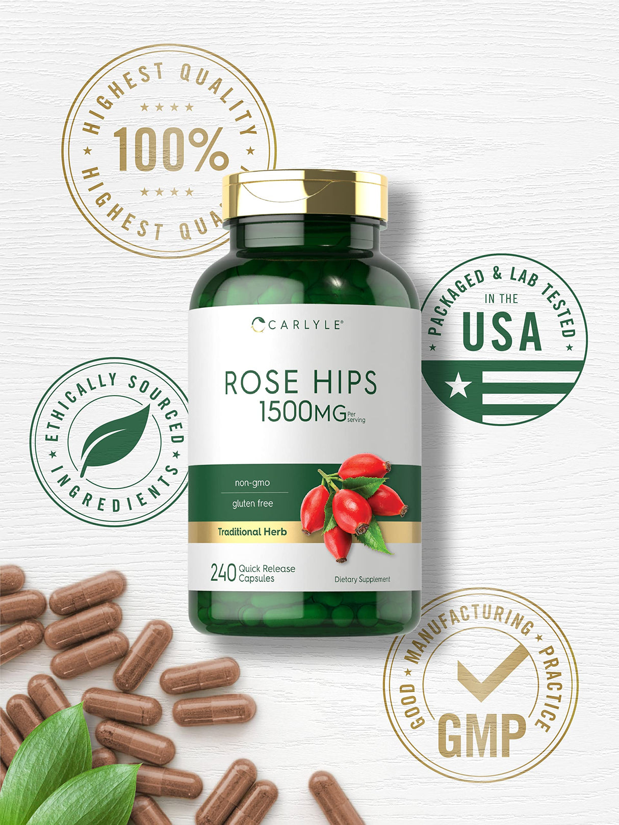 Carlyle Rose HIPS | 1500mg | 240 Quick Release Capsules | Non-GMO and Gluten Free Herbal Supplement