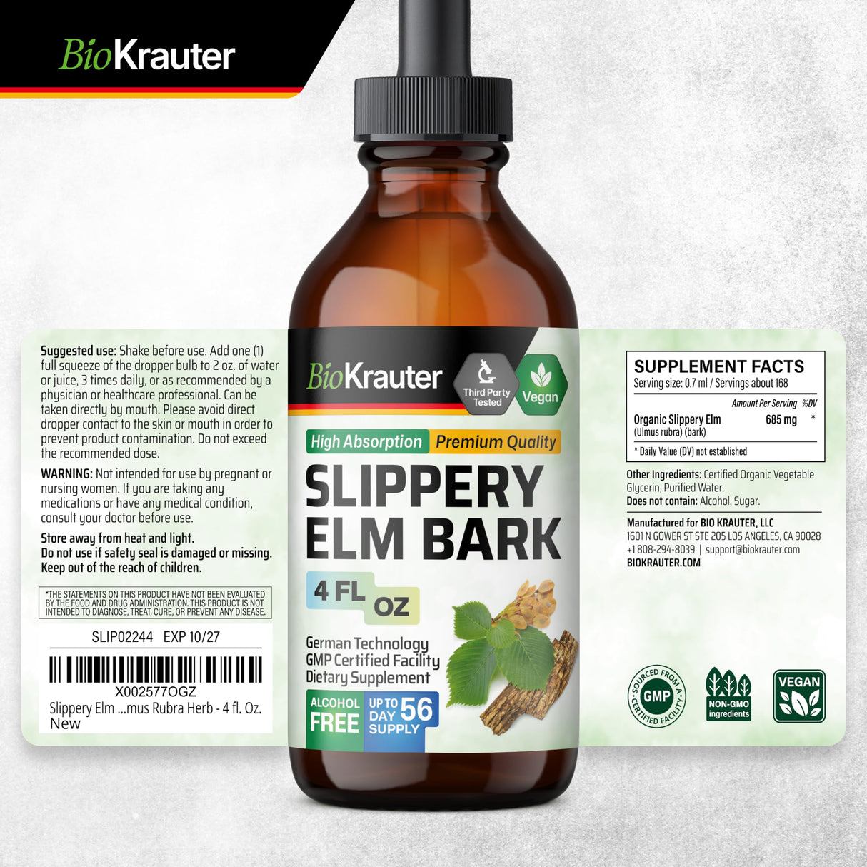BIO KRAUTER Slippery Elm Bark Drops - Ulmus Rubra Slippery Elm for Women and Men - Respiratory & Digestive Support - Vegan, Alcohol & Sugar Free Extract - 4 Fl.Oz.
