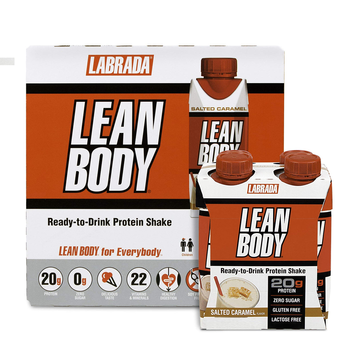 LABRADA NUTRITION - Lean Body RTD Whey Protein Shake, Convenient On-The-Go Meal Replacement Shake for Men & Women, 20 grams of Protein – Zero Sugar, Lactose & Gluten Free, Salted Caramel (Pack of 16)