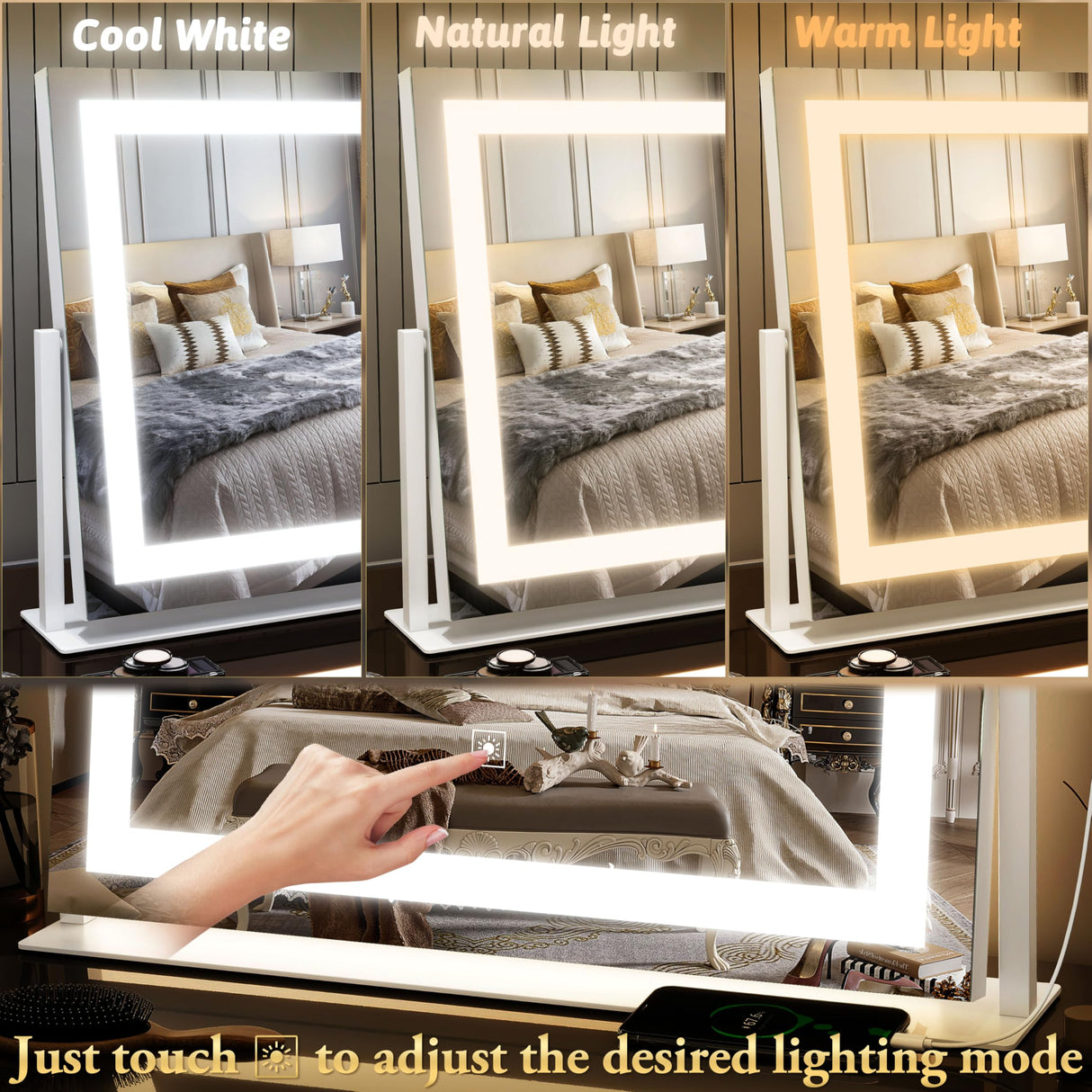 FENNIO Vanity Mirror with Lights 22''x18'' Makeup Mirror with Lights,Lighted Makeup Mirror with 10X Magnification and USB,Smart Touch Screen with 3-Color Lighting,Dimmable(Square White)