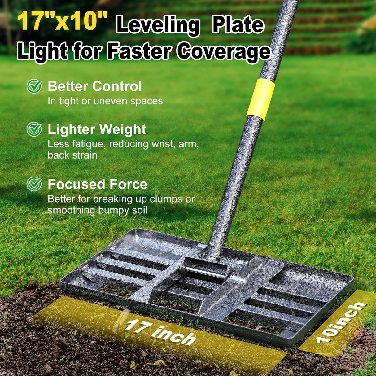 Lawn Leveling Rake, Heavy Duty 17" x 10" Stainless Steel Lawn Leveler for Soil Dirt Leveling Spreading,72" Adjustable Long Handle,Golf Field,Lawn,Tight Spot Landscaping Tool,Ground Leveler for Yard