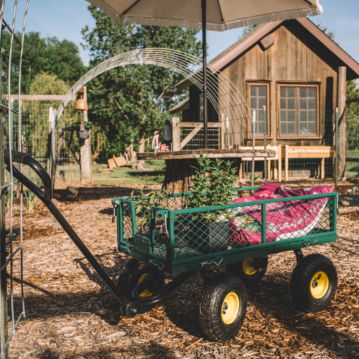 Backyard Expressions Heavy Duty Garden Cart 400 lb Utility Wagon Cart with Removable Mesh Sides, Powder-Coated Steel Bed, Pneumatic Tires, Pull Handle Yard Cart