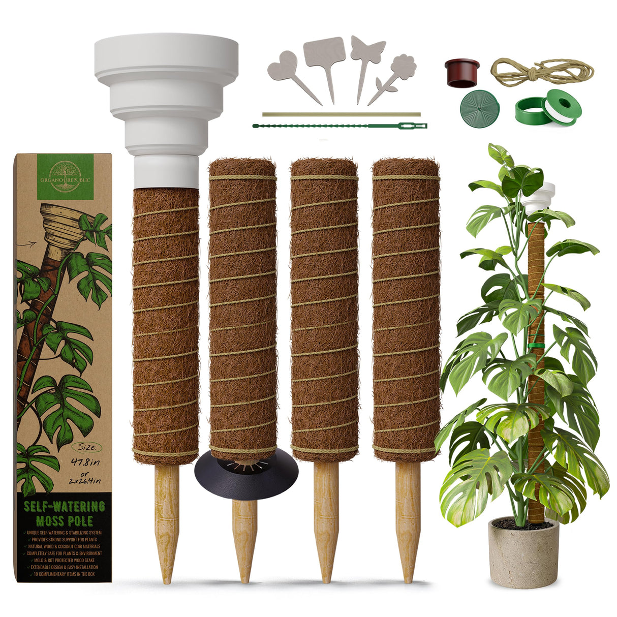 Organo Republic Moss Pole Monstera Plant Support Stakes - 2x26.4 or 48.7" Unique Self-Watering, Extendable Coco Coir Pole for Climbing Plant Supports for Potted Plants Indoor, Totem Pole for Pothos