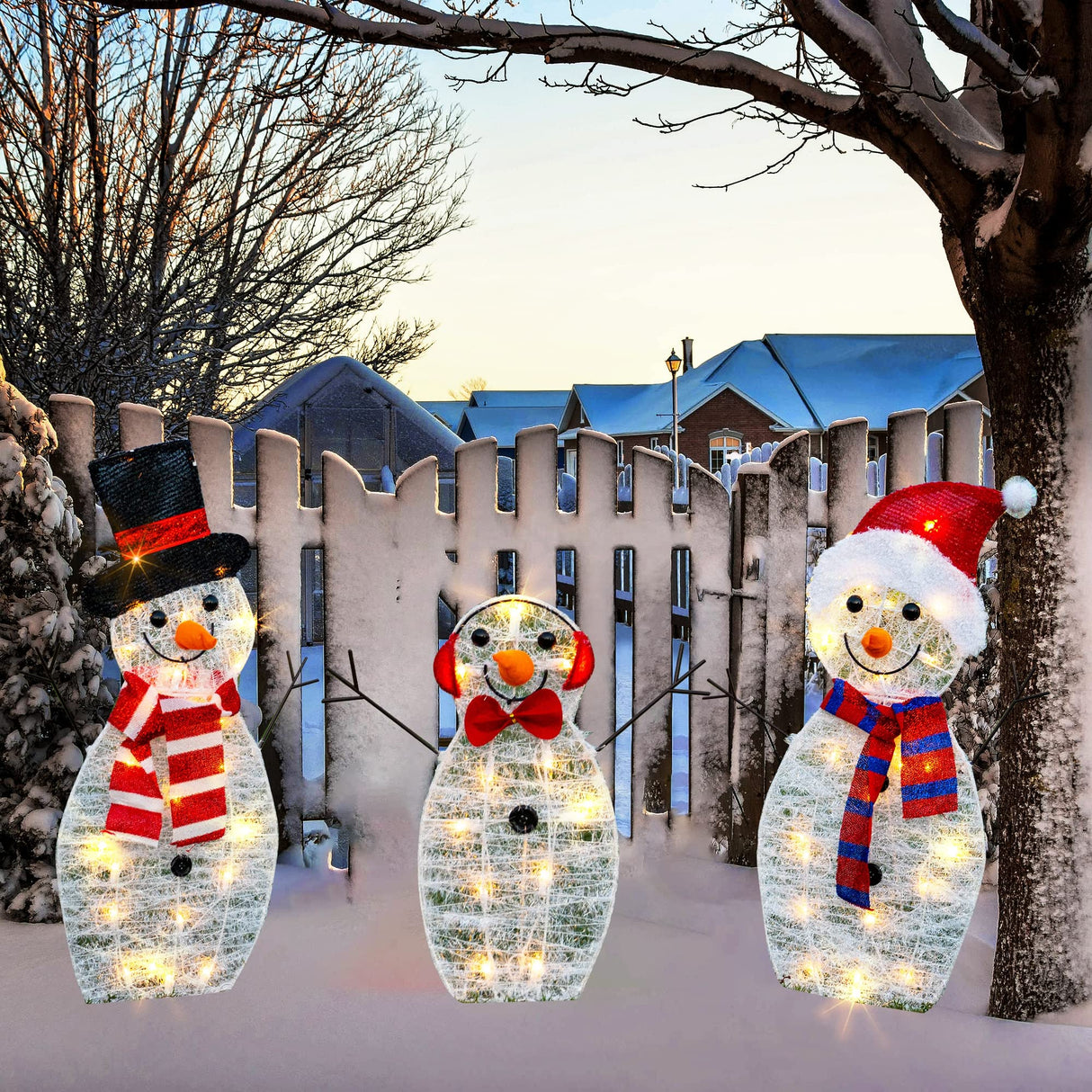 HOURLEEY Christmas Decoration 55 L Lighted Snowman Family Outdoor, 3-Piece Waterproof Plug in 2D Snowman for Yard Patio Lawn Garden Party Decor 20.5X9X29.5Inch-Large (Warm White)