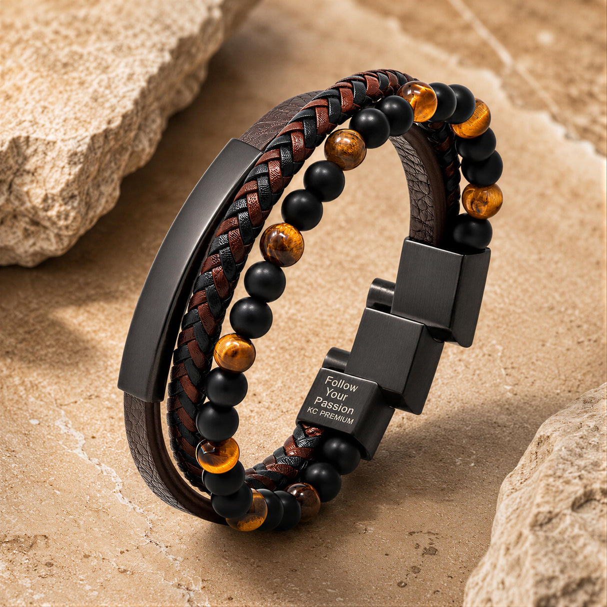 Premium Men’s Bracelet | Leather Bracelet for Men | Beaded Bracelets Black Onyx & Tiger-Eye Beads | Brown Leather Jewelry with Adjustable Stainless-Steel Clasp | Gift Dad Husband Son Boyfriend