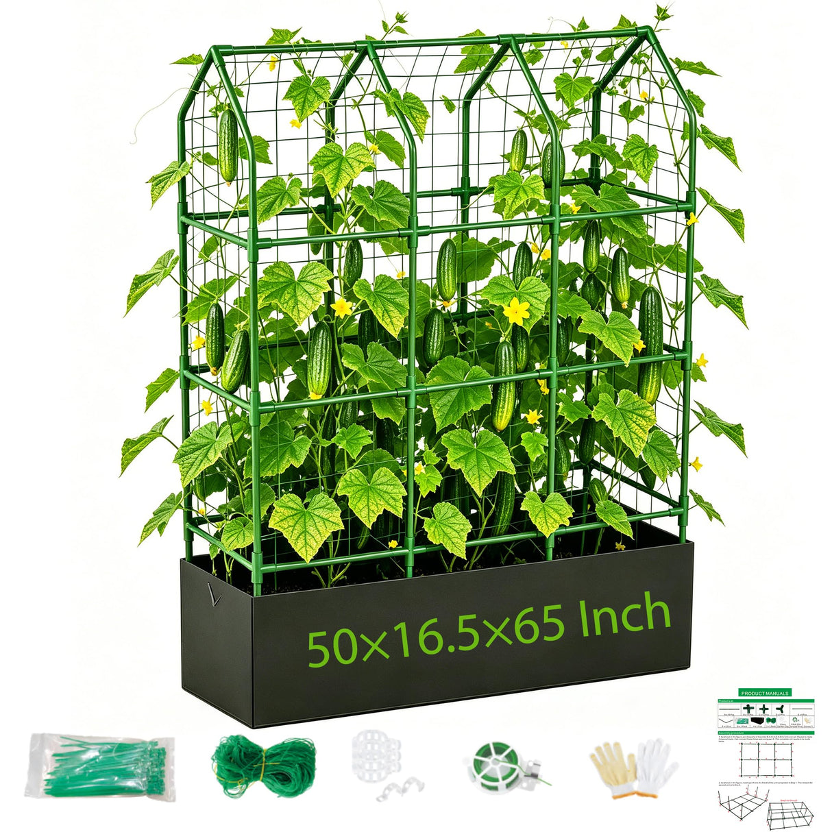 MQHUAYU Large Cucumber Trellis with Grow Bag, 65" Tall Metal Garden Trellis for Climbing Plants Outdoor, Reusable Cucumber Trellis for Raised Bed with Netting for Tomatoes, Peas, Grapes Plant Support