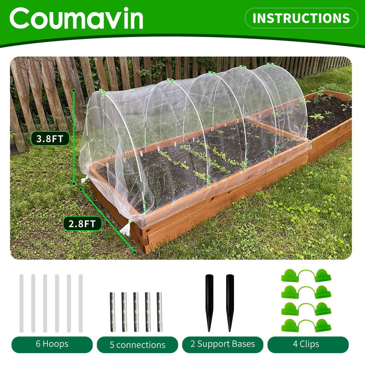8FT Rust-Free Fiberglass Garden Hoops -72 PCS DIY Grow Tunnel Kit for Raised Beds, Row Cover Support with Connectors/Clips, Sun Shade &Year-Round Plant Protection, White