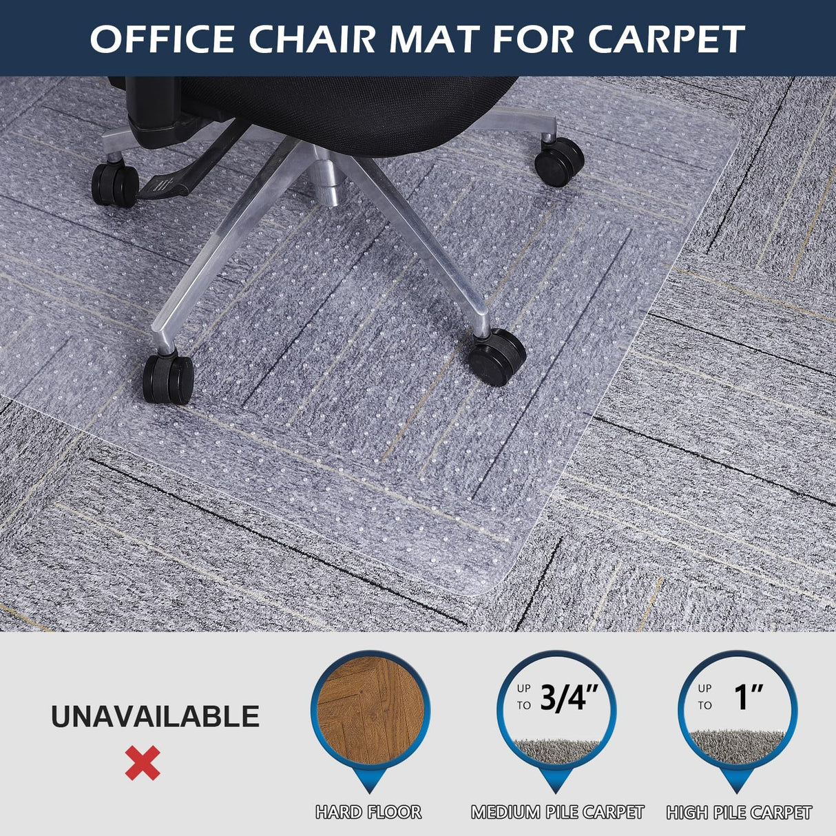 Chair Mat for Carpet, SALLOUS 46" x 60" Office Chair Mat for Carpeted Floors, Heavy Duty Vinyl Floor Mat with Grips, Floor Protector Computer Desk Mat for Home Office (Clear, Rectangular)