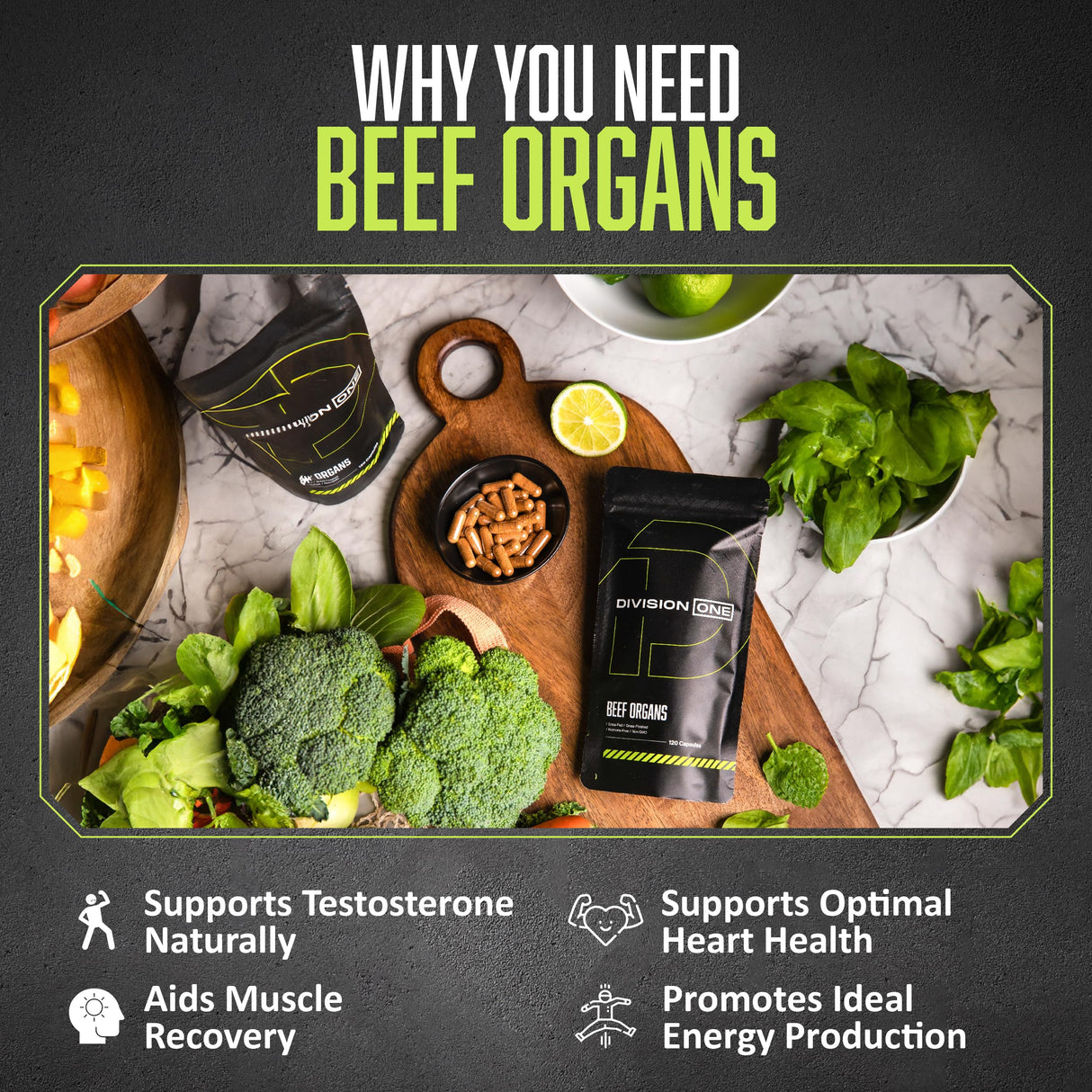 Division One Beef Organ Supplement - Primal Blend with Liver, Heart, Kidney, Beef Liver Supplement Grass Fed, Organ Meat Supplements for Humans, Non-GMO, 120 Caps.