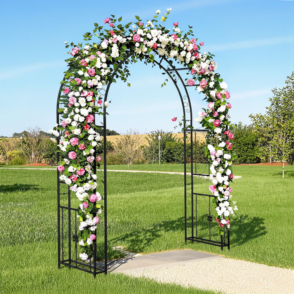 VINGLI Garden Arbor, Arch Archway for Wedding Ceremony Party, Steel Garden Trellis for Plant Climbing, Christmas Garden Decorations Pergola for Garden, Backyard, Lawn (Black, 7.9FT)